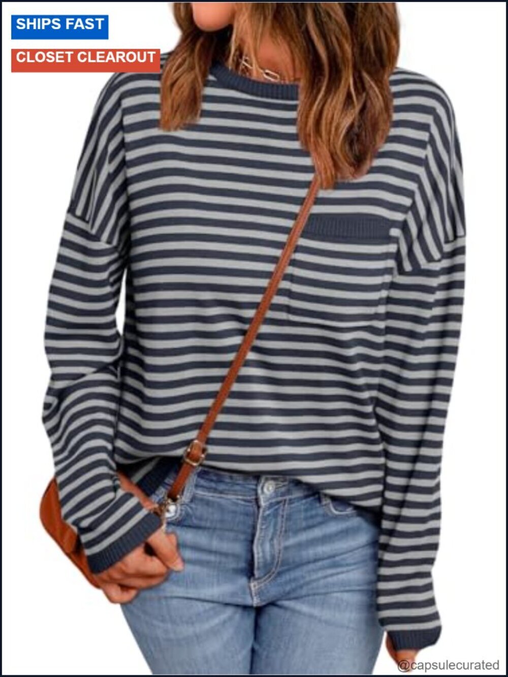 Striped Lightweight Knit Pullover with Chest Pocket, Oversized Relaxed Fit